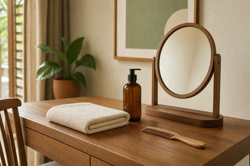 Scène d’illustration : serviette, flacon, peigne et miroir sur une coiffeuse en bois.